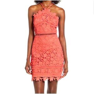NEW Astr Lace Crochet Halter Backless Coral Pink Mini Dress Vacation Beach Large
